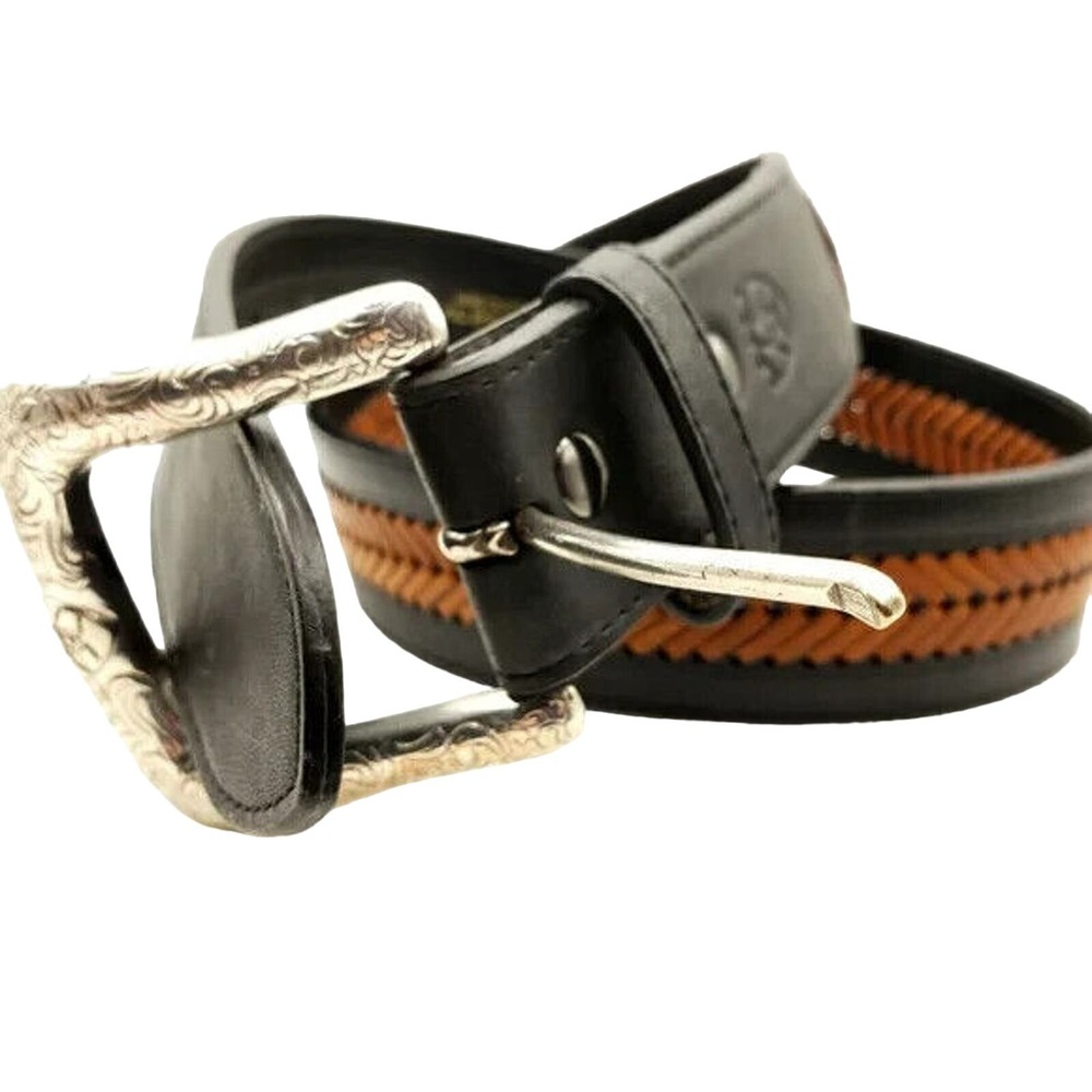 Ariat Black Leather Wide Belt 32 Braided Brown Western Silver Tone Tooled Buckle